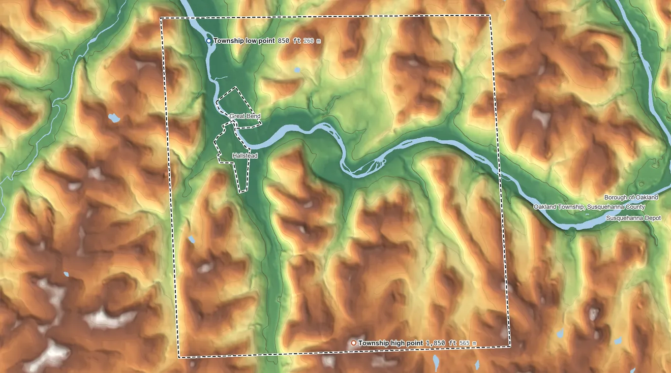 Topographic elevation map of Great Bend Township, Pennsylvania, shaded from 850 ft on the northwest side to 1,850 ft on the south side