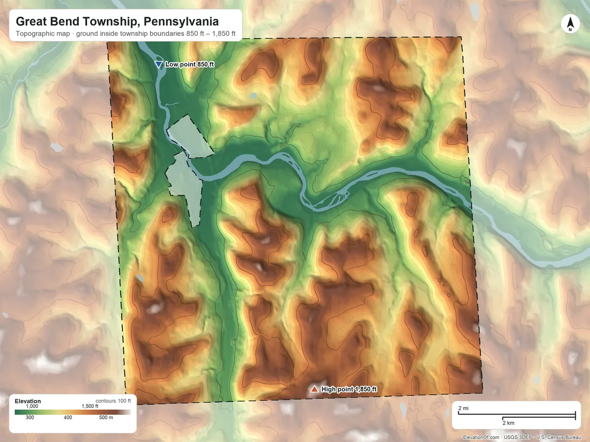 Topographic elevation map of Great Bend Township, Pennsylvania, shaded from 850 ft on the northwest side to 1,850 ft on the south side