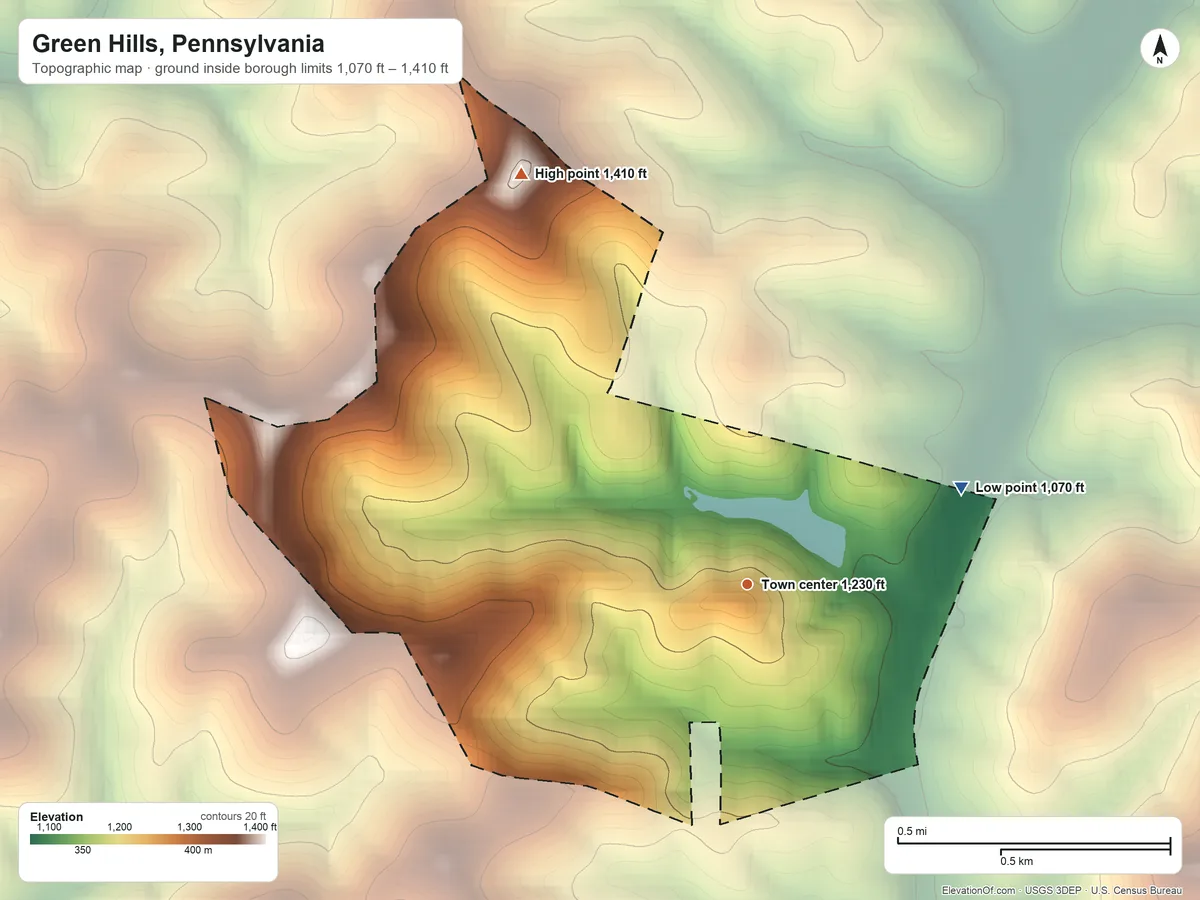 Topographic elevation map of Green Hills, Pennsylvania, shaded from 1,070 ft on the northeast side to 1,410 ft on the northwest side