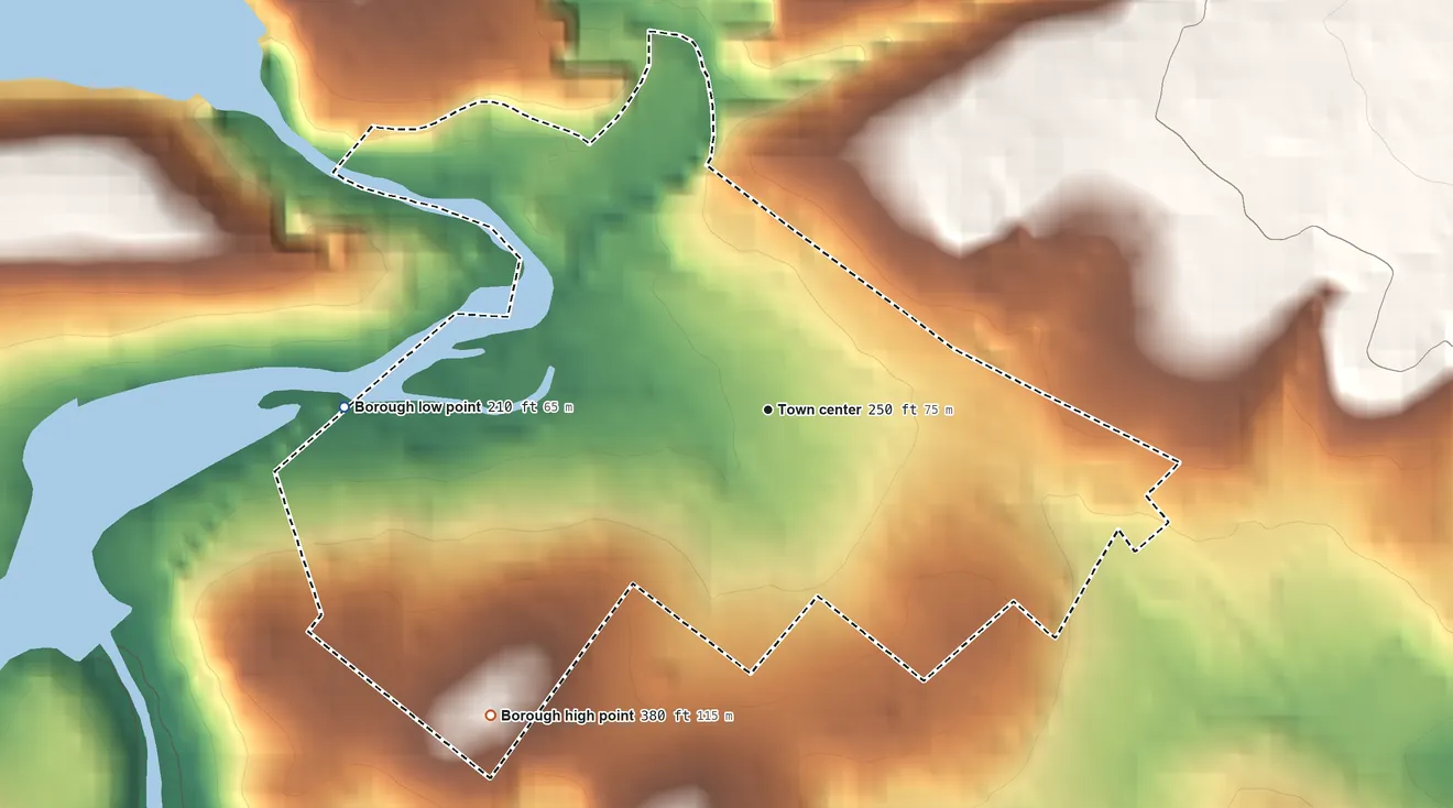 Topographic elevation map of Green Lane, Pennsylvania, shaded from 210 ft on the west side to 380 ft on the southwest side