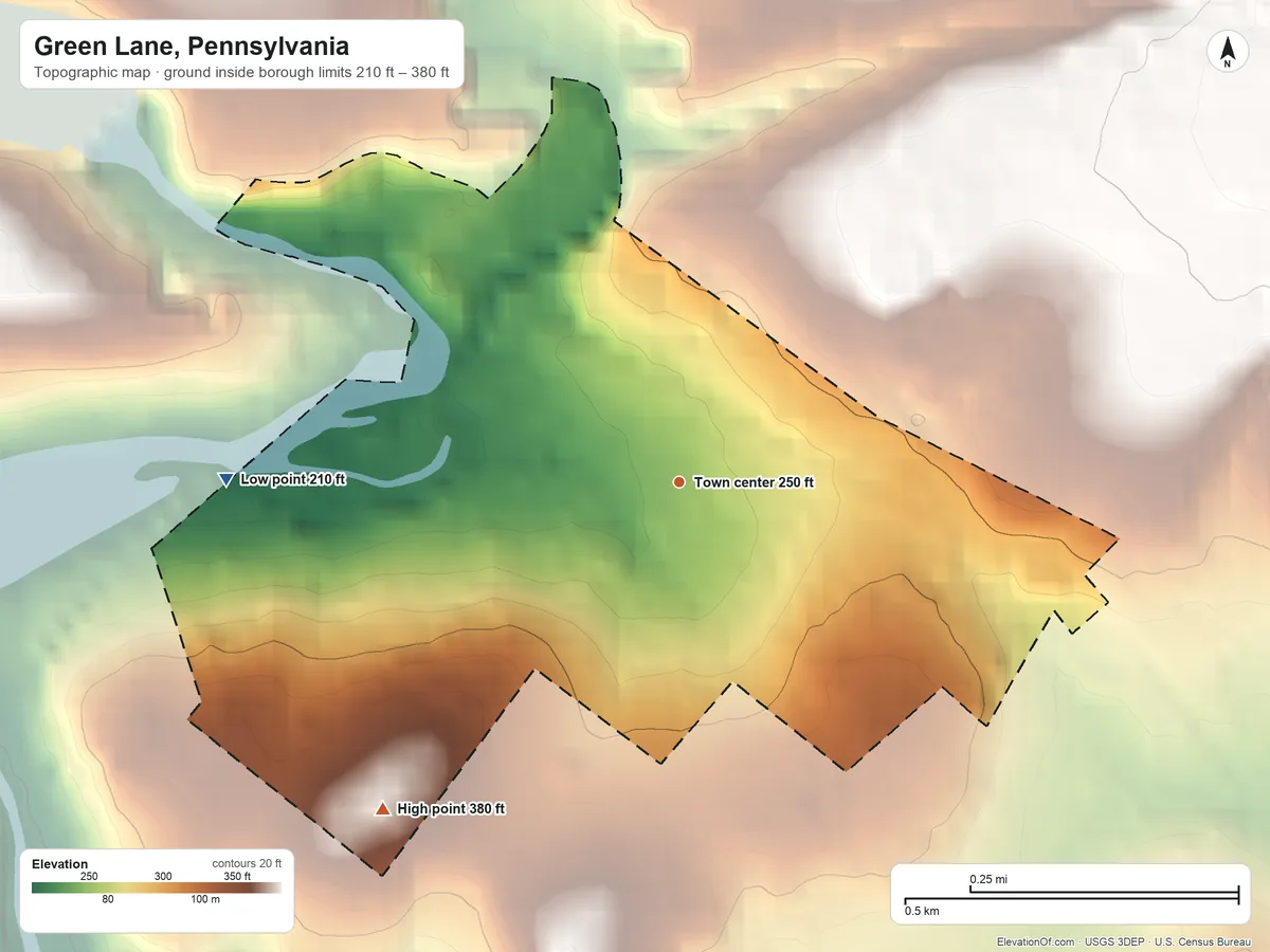 Topographic elevation map of Green Lane, Pennsylvania, shaded from 210 ft on the west side to 380 ft on the southwest side