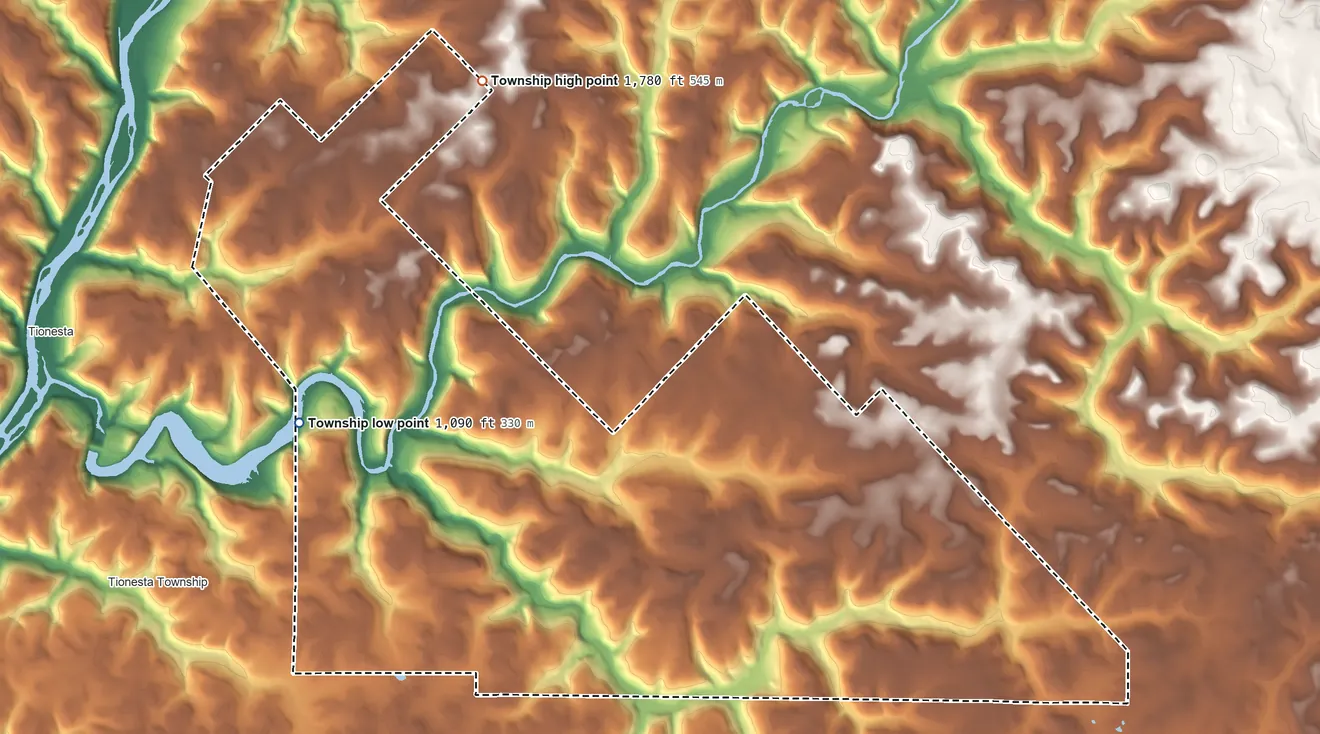 Topographic elevation map of Green Township, Forest County, Pennsylvania, shaded from 1,090 ft on the west side to 1,780 ft on the north side
