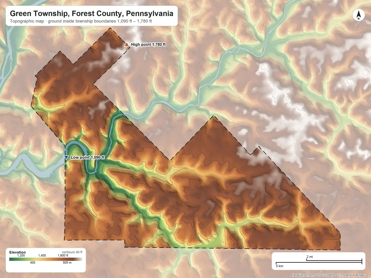 Topographic elevation map of Green Township, Forest County, Pennsylvania, shaded from 1,090 ft on the west side to 1,780 ft on the north side