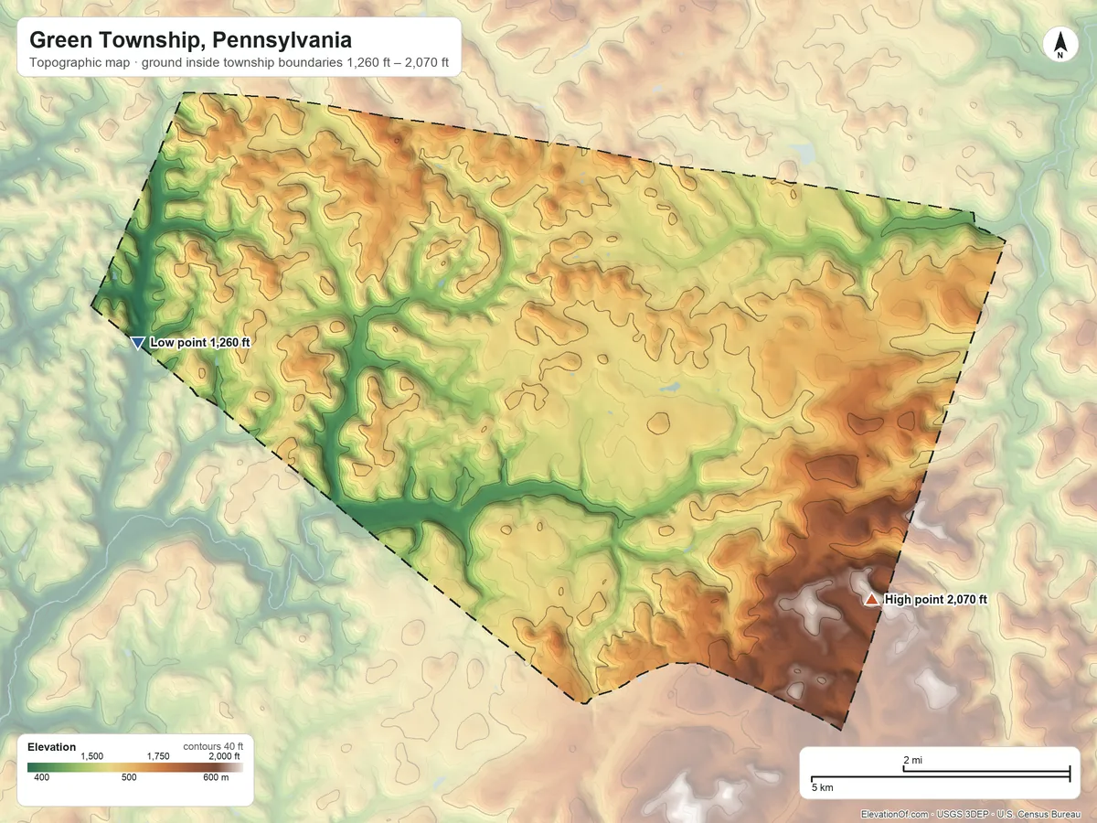 Topographic elevation map of Green Township, Pennsylvania, shaded from 1,260 ft on the west side to 2,070 ft on the southeast side