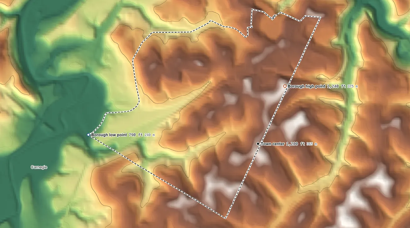 Topographic elevation map of Green Tree, Pennsylvania, shaded from 790 ft on the west side to 1,240 ft on the northeast side
