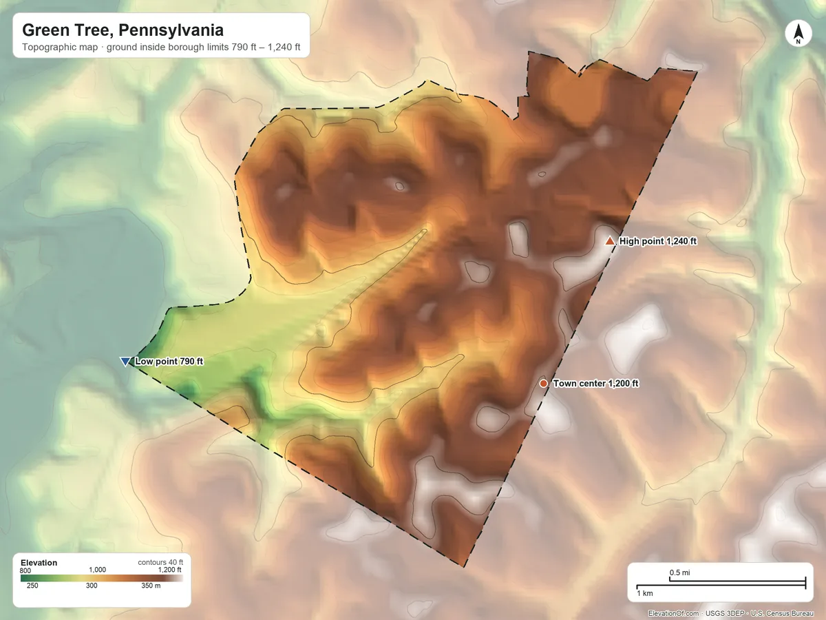 Topographic elevation map of Green Tree, Pennsylvania, shaded from 790 ft on the west side to 1,240 ft on the northeast side
