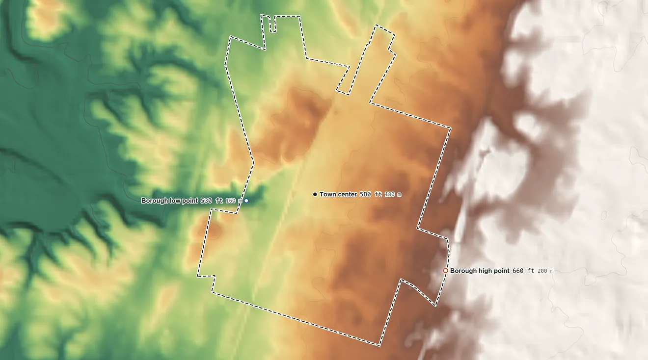 Topographic elevation map of Greencastle, Pennsylvania, shaded from 530 ft on the west side to 660 ft on the southeast side