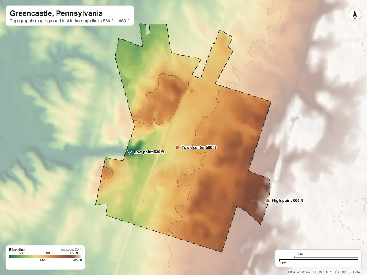 Topographic elevation map of Greencastle, Pennsylvania, shaded from 530 ft on the west side to 660 ft on the southeast side
