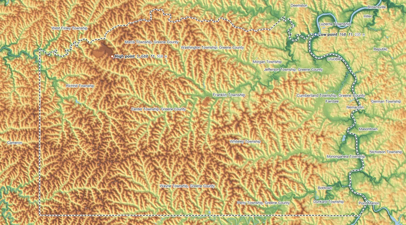 Topographic elevation map of Greene County, Pennsylvania, shaded from 760 ft on the northeast side to 1,680 ft on the northwest side
