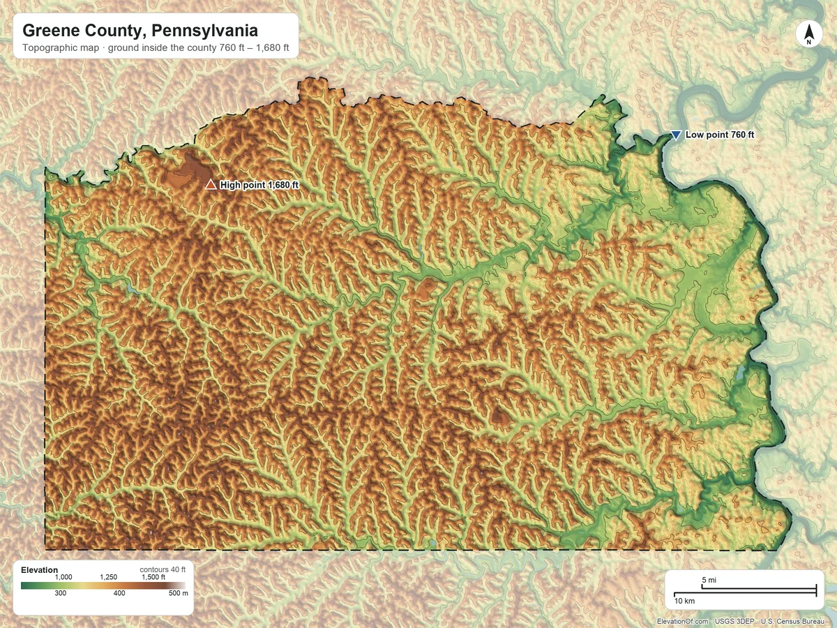 Topographic elevation map of Greene County, Pennsylvania, shaded from 760 ft on the northeast side to 1,680 ft on the northwest side