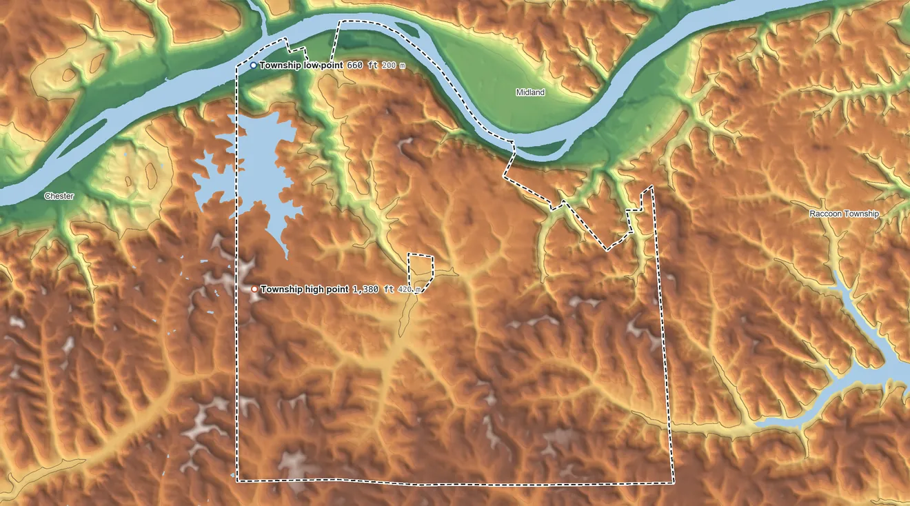 Topographic elevation map of Greene Township, Beaver County, Pennsylvania, shaded from 660 ft on the northwest side to 1,380 ft on the northwest side