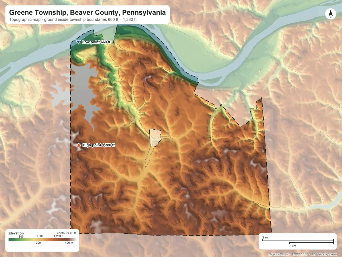 Topographic elevation map of Greene Township, Beaver County, Pennsylvania, shaded from 660 ft on the northwest side to 1,380 ft on the northwest side