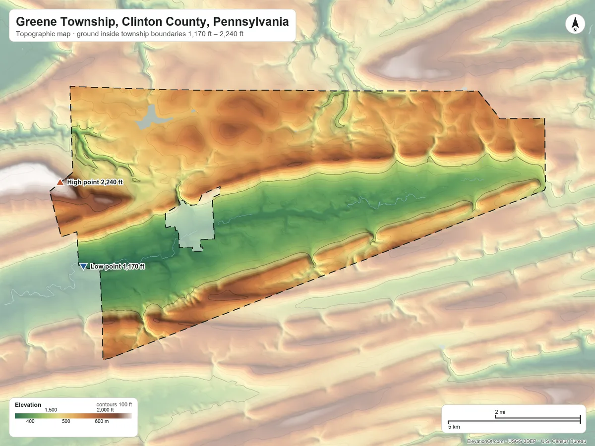 Topographic elevation map of Greene Township, Clinton County, Pennsylvania, shaded from 1,170 ft on the west side to 2,240 ft on the west side