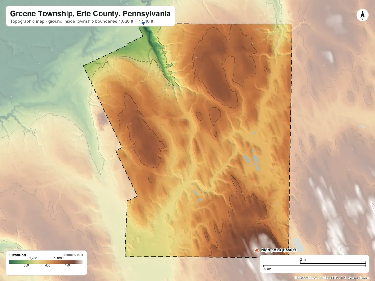 Topographic elevation map of Greene Township, Erie County, Pennsylvania, shaded from 1,020 ft on the northwest side to 1,580 ft on the southeast side