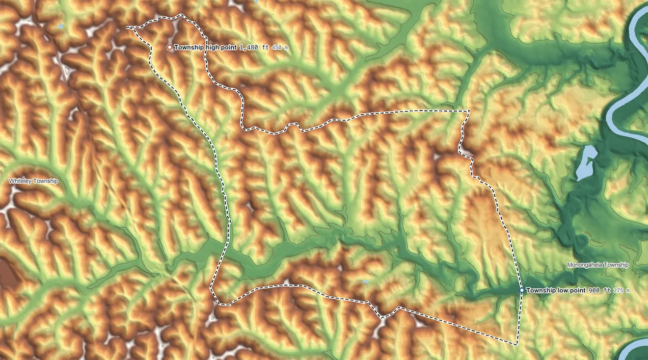 Topographic elevation map of Greene Township, Greene County, Pennsylvania, shaded from 900 ft on the southeast side to 1,480 ft on the northwest side