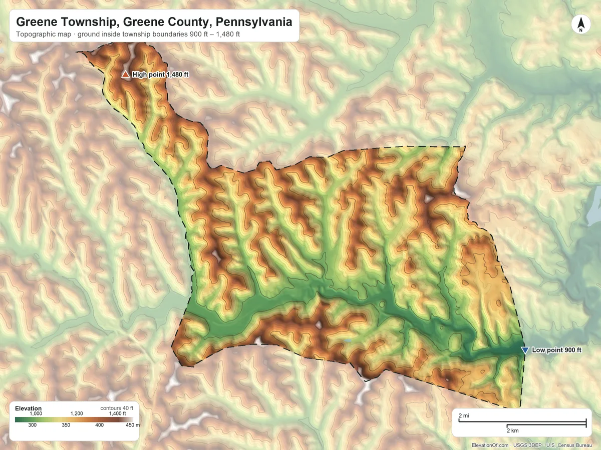 Topographic elevation map of Greene Township, Greene County, Pennsylvania, shaded from 900 ft on the southeast side to 1,480 ft on the northwest side
