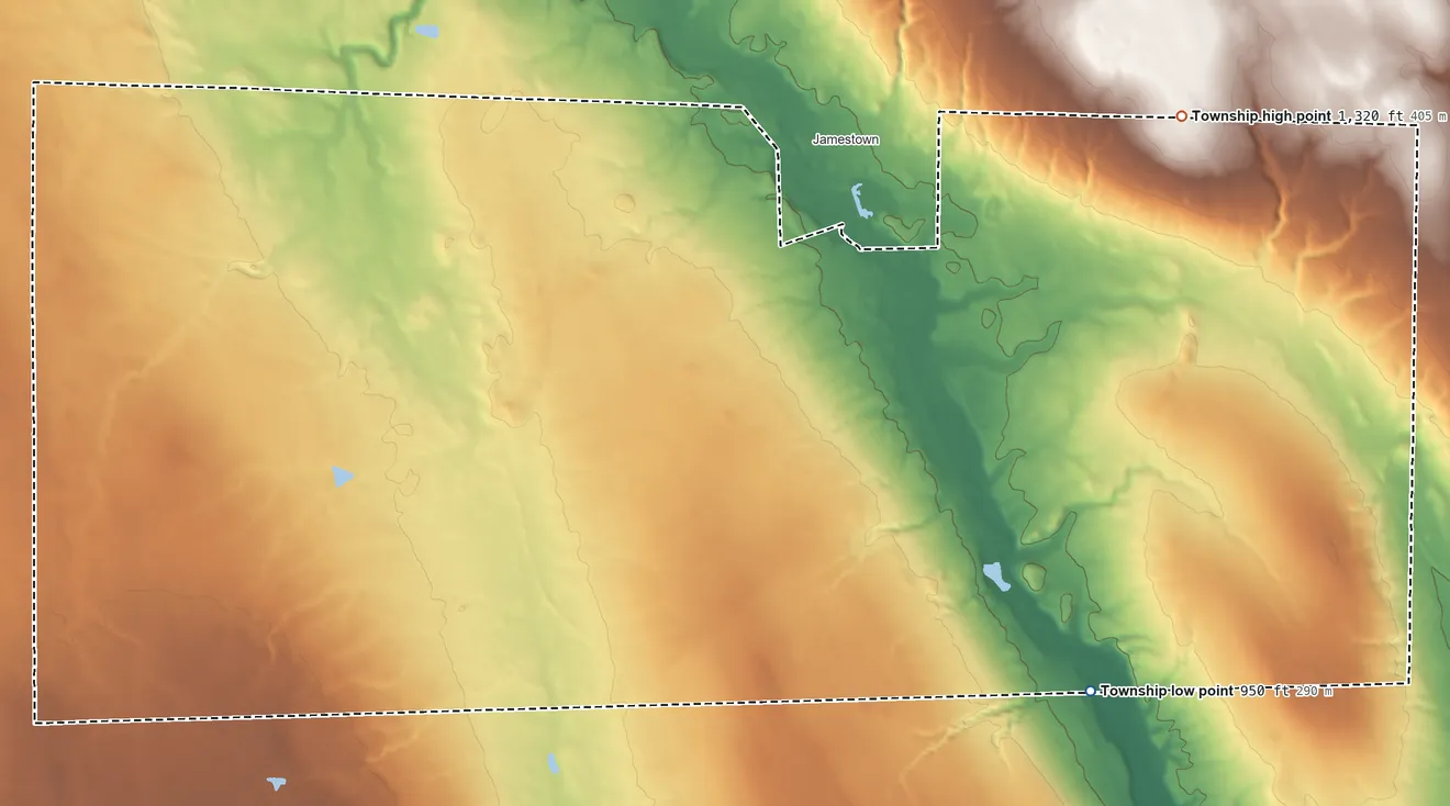 Topographic elevation map of Greene Township, Mercer County, Pennsylvania, shaded from 950 ft on the southeast side to 1,320 ft on the northeast side