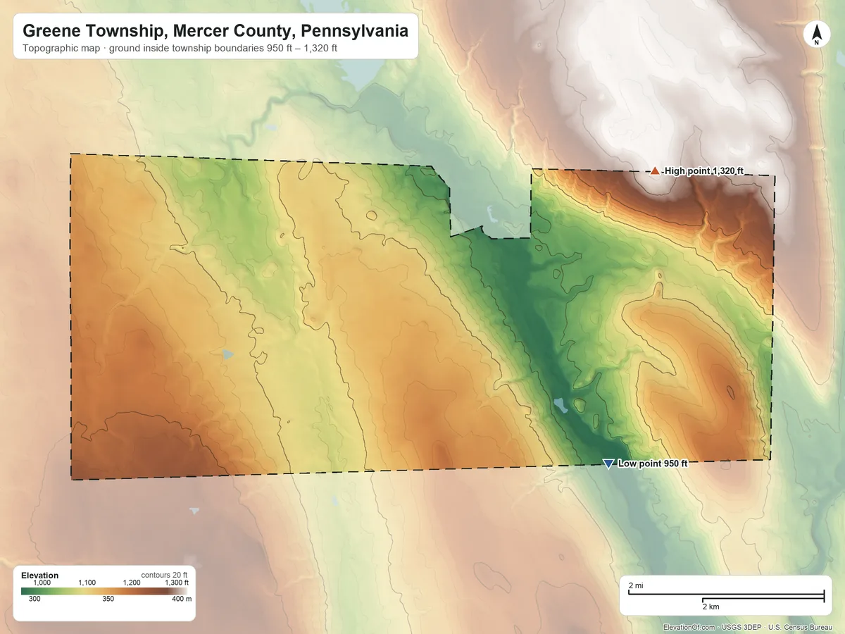 Topographic elevation map of Greene Township, Mercer County, Pennsylvania, shaded from 950 ft on the southeast side to 1,320 ft on the northeast side