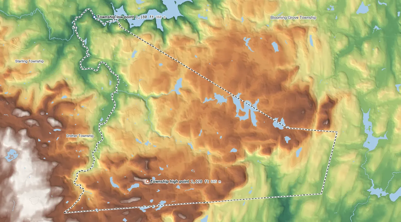 Topographic elevation map of Greene Township, Pike County, Pennsylvania, shaded from 1,180 ft on the northwest side to 2,120 ft on the south side
