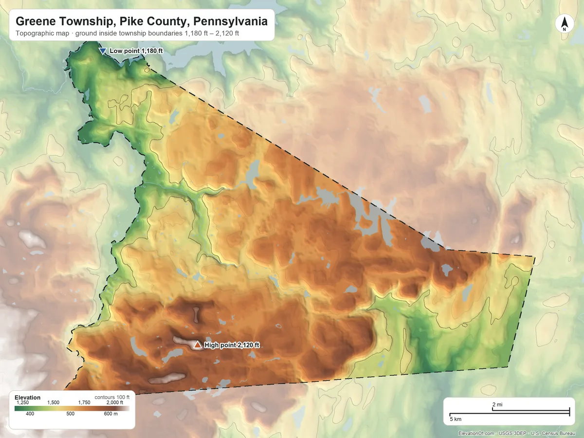 Topographic elevation map of Greene Township, Pike County, Pennsylvania, shaded from 1,180 ft on the northwest side to 2,120 ft on the south side