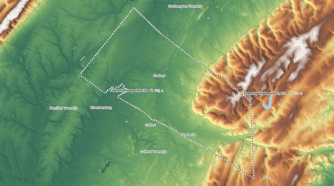 Topographic elevation map of Greene Township, Pennsylvania, shaded from 600 ft on the west side to 2,010 ft on the east side