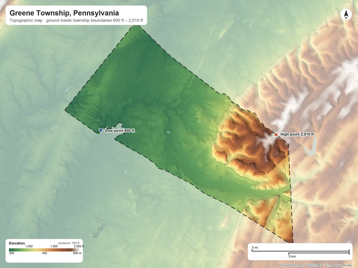 Topographic elevation map of Greene Township, Pennsylvania, shaded from 600 ft on the west side to 2,010 ft on the east side