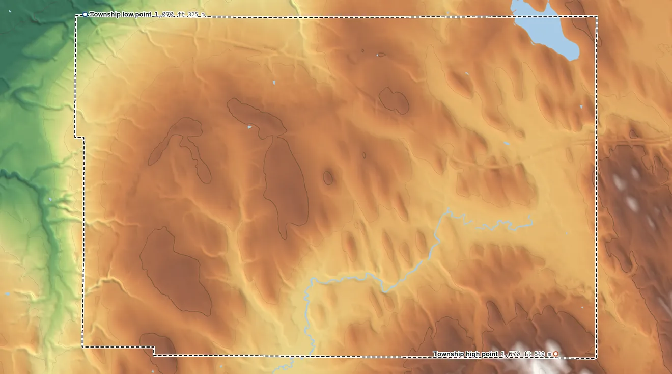 Topographic elevation map of Greenfield Township, Erie County, Pennsylvania, shaded from 1,070 ft on the northwest side to 1,670 ft on the southeast side