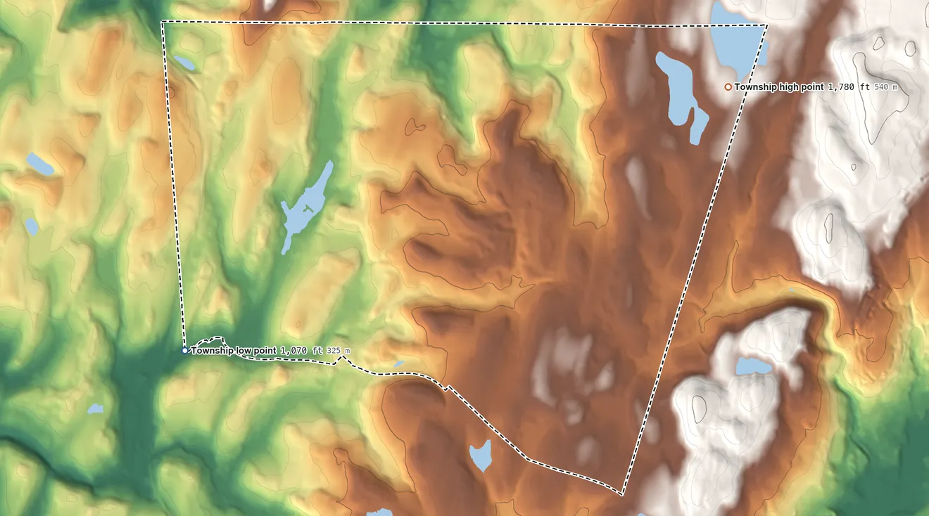 Topographic elevation map of Greenfield Township, Lackawanna County, Pennsylvania, shaded from 1,070 ft on the southwest side to 1,780 ft at the foot of the Moosic Mountains