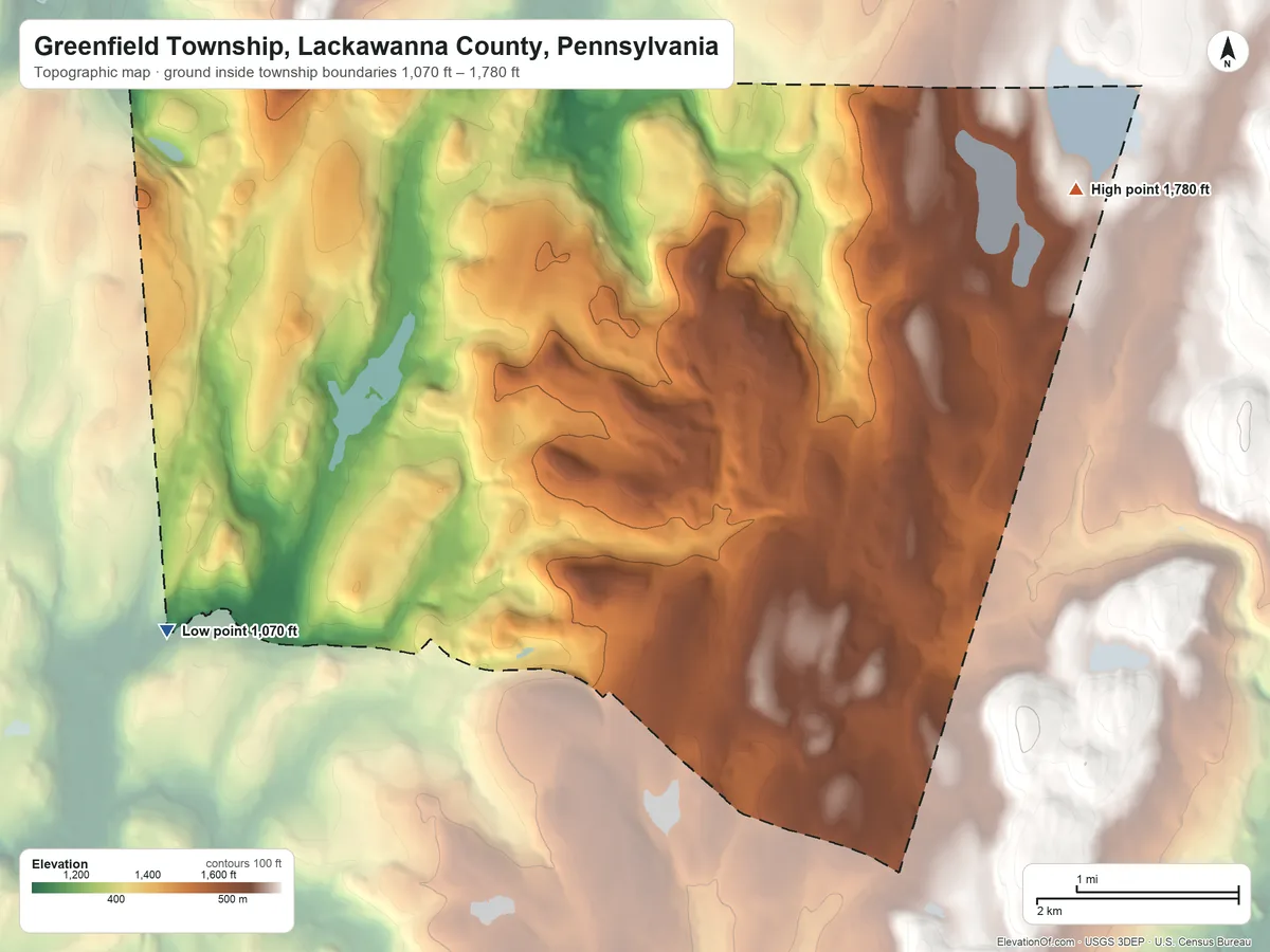 Topographic elevation map of Greenfield Township, Lackawanna County, Pennsylvania, shaded from 1,070 ft on the southwest side to 1,780 ft at the foot of the Moosic Mountains