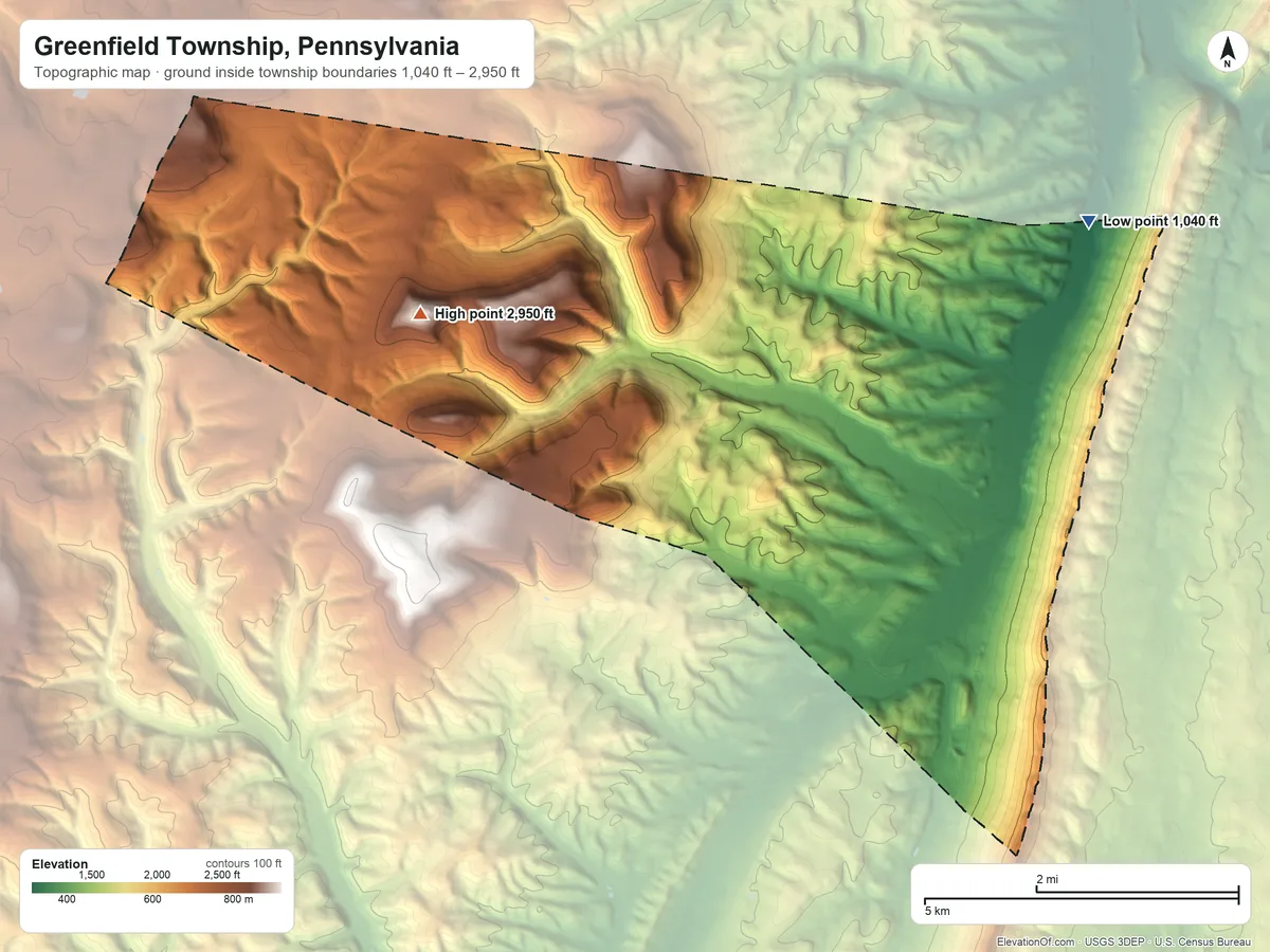 Topographic elevation map of Greenfield Township, Pennsylvania, shaded from 1,040 ft on the northeast side to 2,950 ft on Schaefer Head