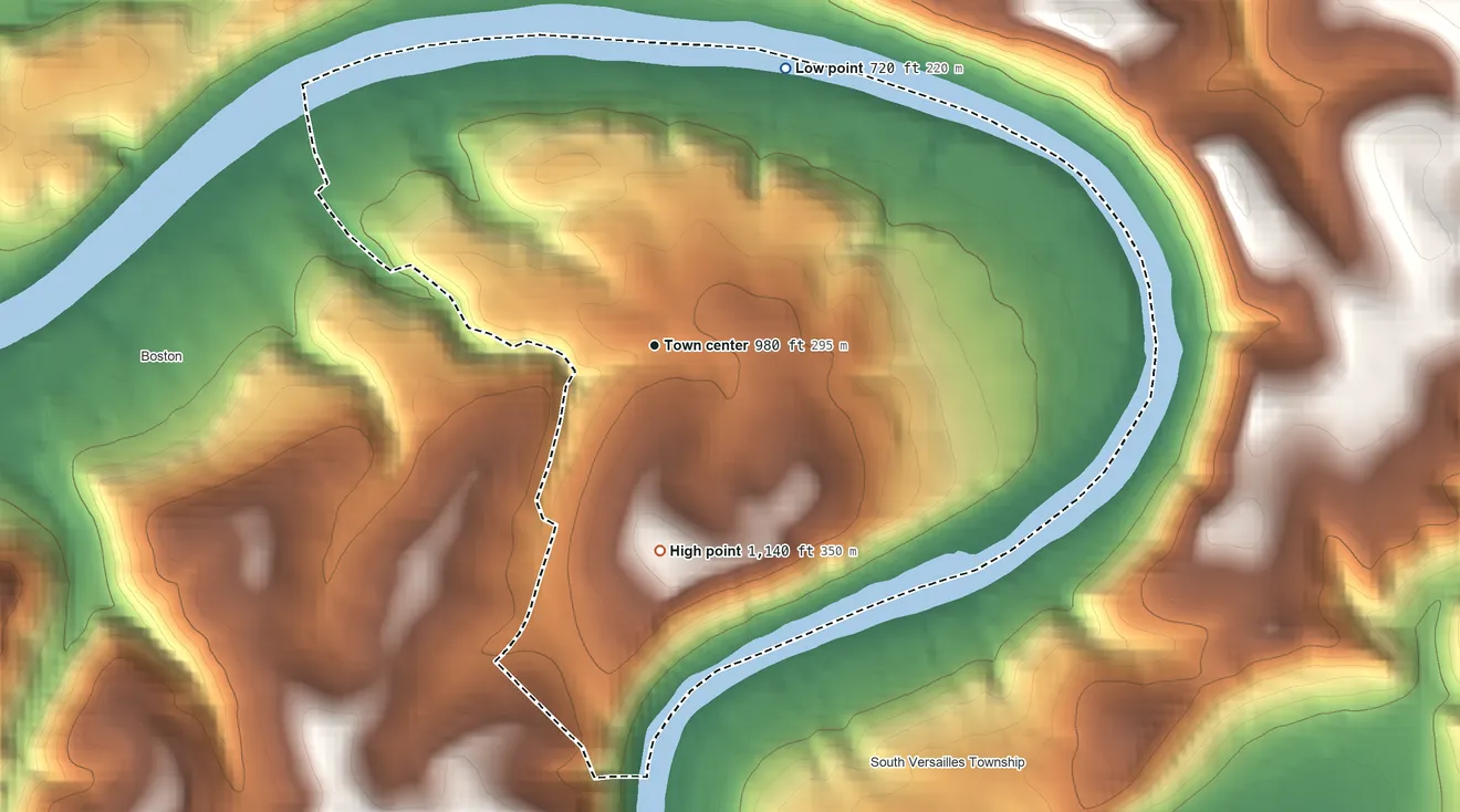 Topographic elevation map of Greenock, Pennsylvania, shaded from 720 ft on the northeast side to 1,140 ft on the south side