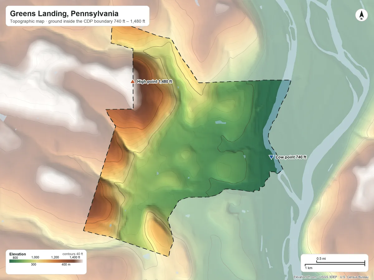Topographic elevation map of Greens Landing, Pennsylvania, shaded from 740 ft on the east side to 1,480 ft on the northwest side