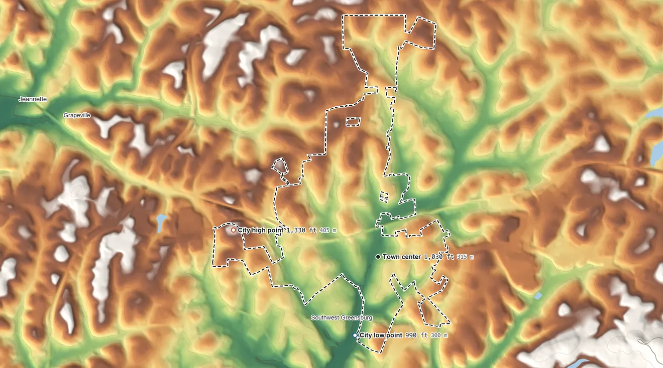 Topographic elevation map of Greensburg, Pennsylvania, shaded from 990 ft on the south side to 1,330 ft on the west side