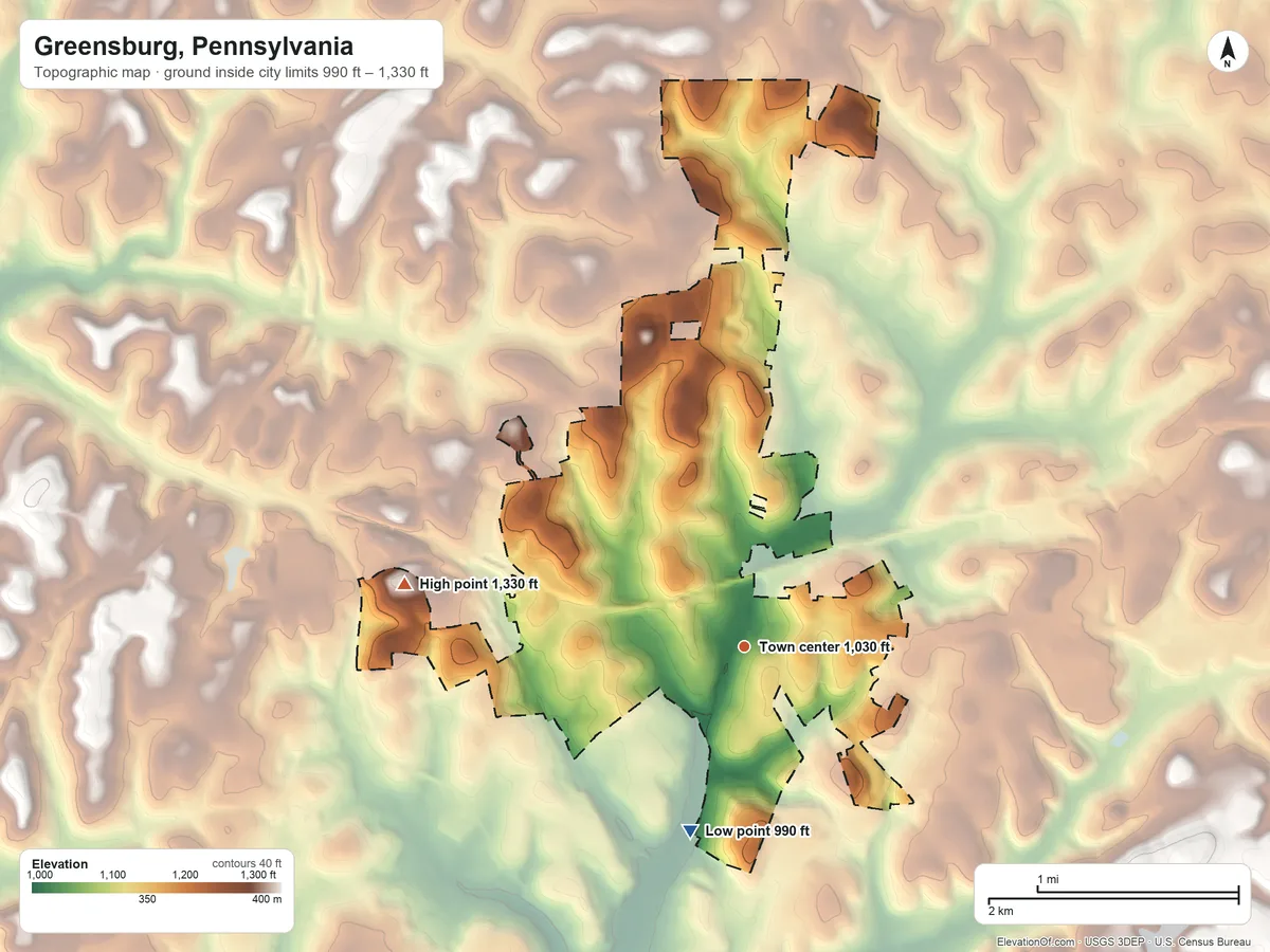 Topographic elevation map of Greensburg, Pennsylvania, shaded from 990 ft on the south side to 1,330 ft on the west side