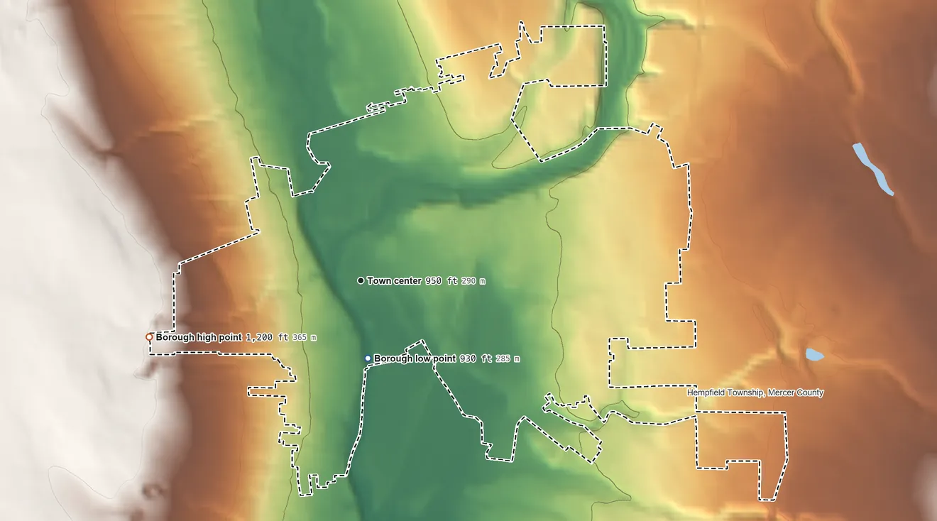 Topographic elevation map of Greenville, Pennsylvania, shaded from 930 ft near the middle to 1,200 ft on the west side