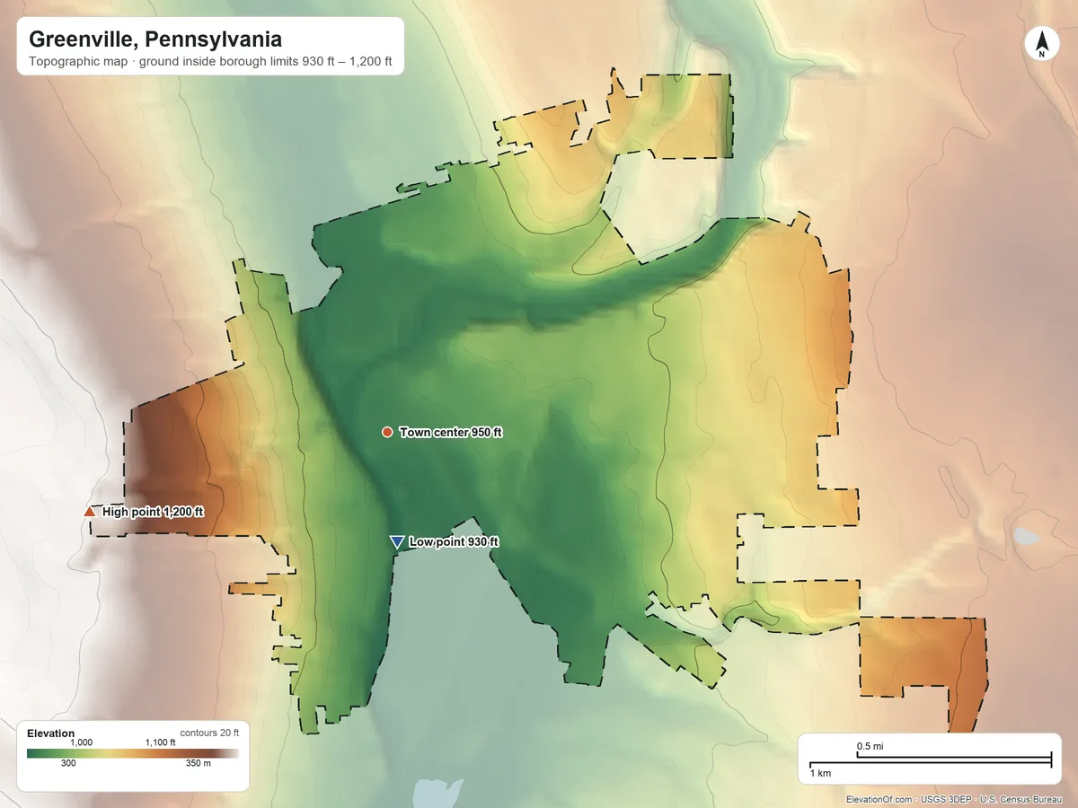 Topographic elevation map of Greenville, Pennsylvania, shaded from 930 ft near the middle to 1,200 ft on the west side