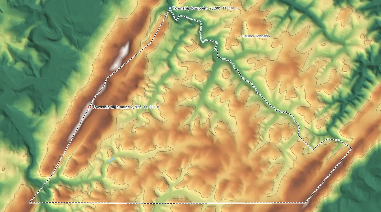 Topographic elevation map of Greenville Township, Pennsylvania, shaded from 2,200 ft on the north side to 2,920 ft on the west side