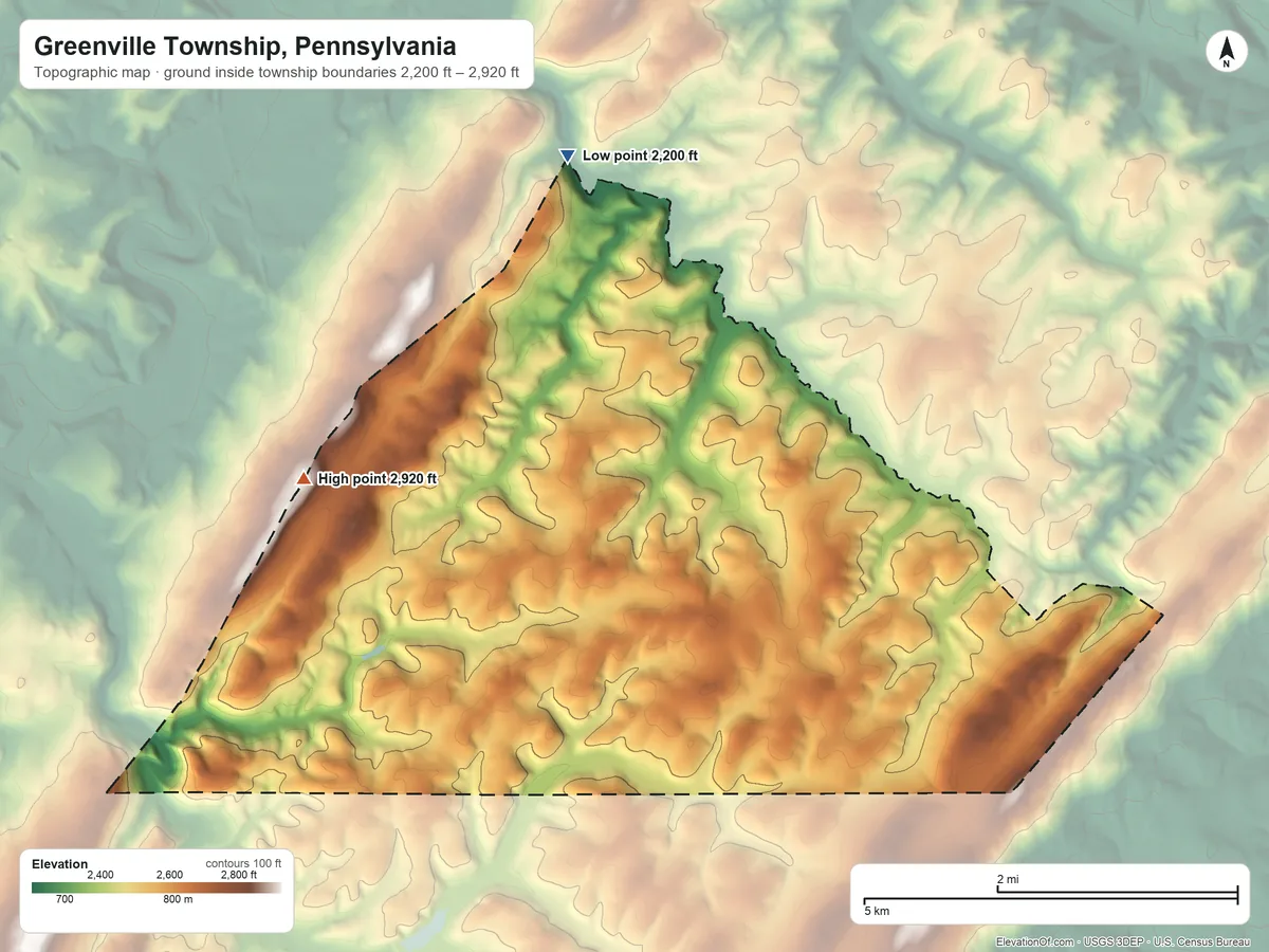 Topographic elevation map of Greenville Township, Pennsylvania, shaded from 2,200 ft on the north side to 2,920 ft on the west side