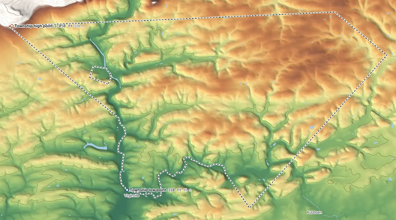 Topographic elevation map of Greenwich Township, Pennsylvania, shaded from 310 ft on the southwest side to 1,050 ft on the west edge, below higher ground just outside