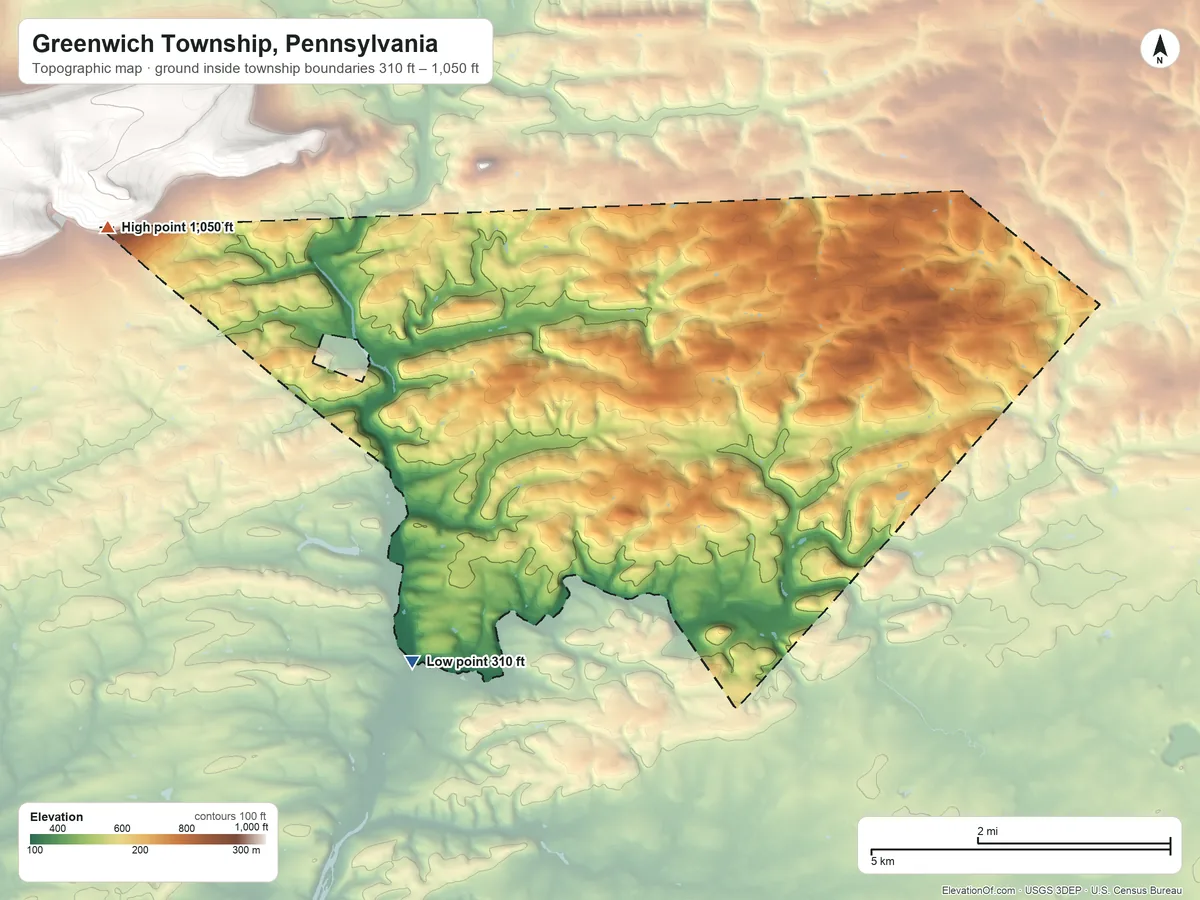 Topographic elevation map of Greenwich Township, Pennsylvania, shaded from 310 ft on the southwest side to 1,050 ft on the west edge, below higher ground just outside