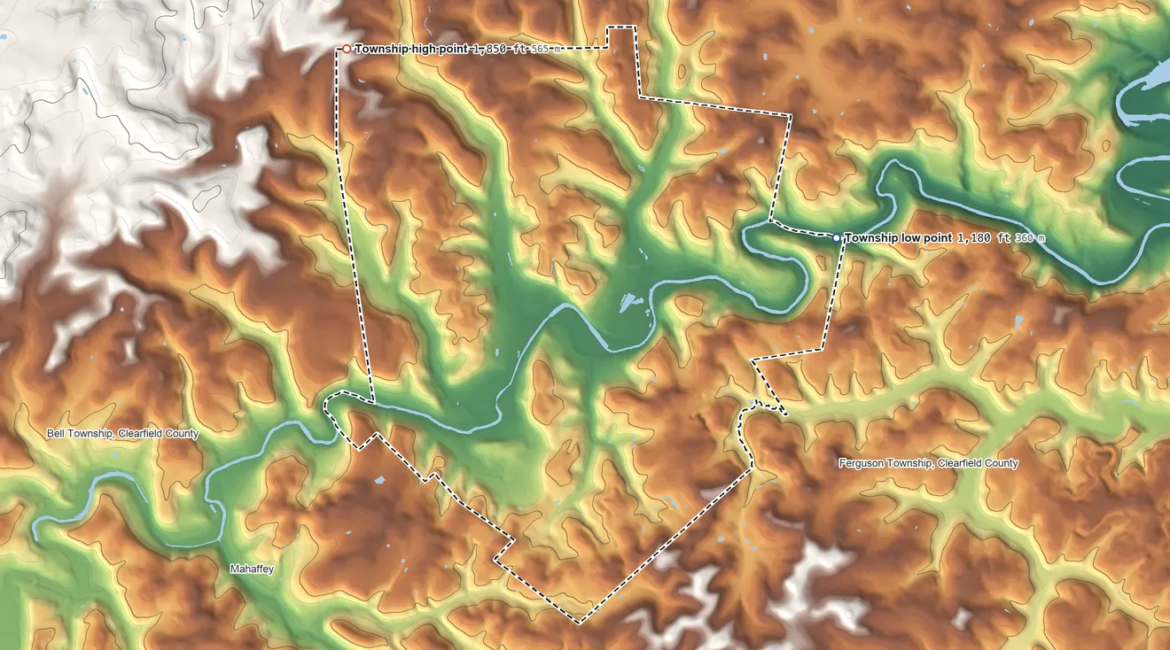 Topographic elevation map of Greenwood Township, Clearfield County, Pennsylvania, shaded from 1,180 ft on the east side to 1,850 ft on the northwest side