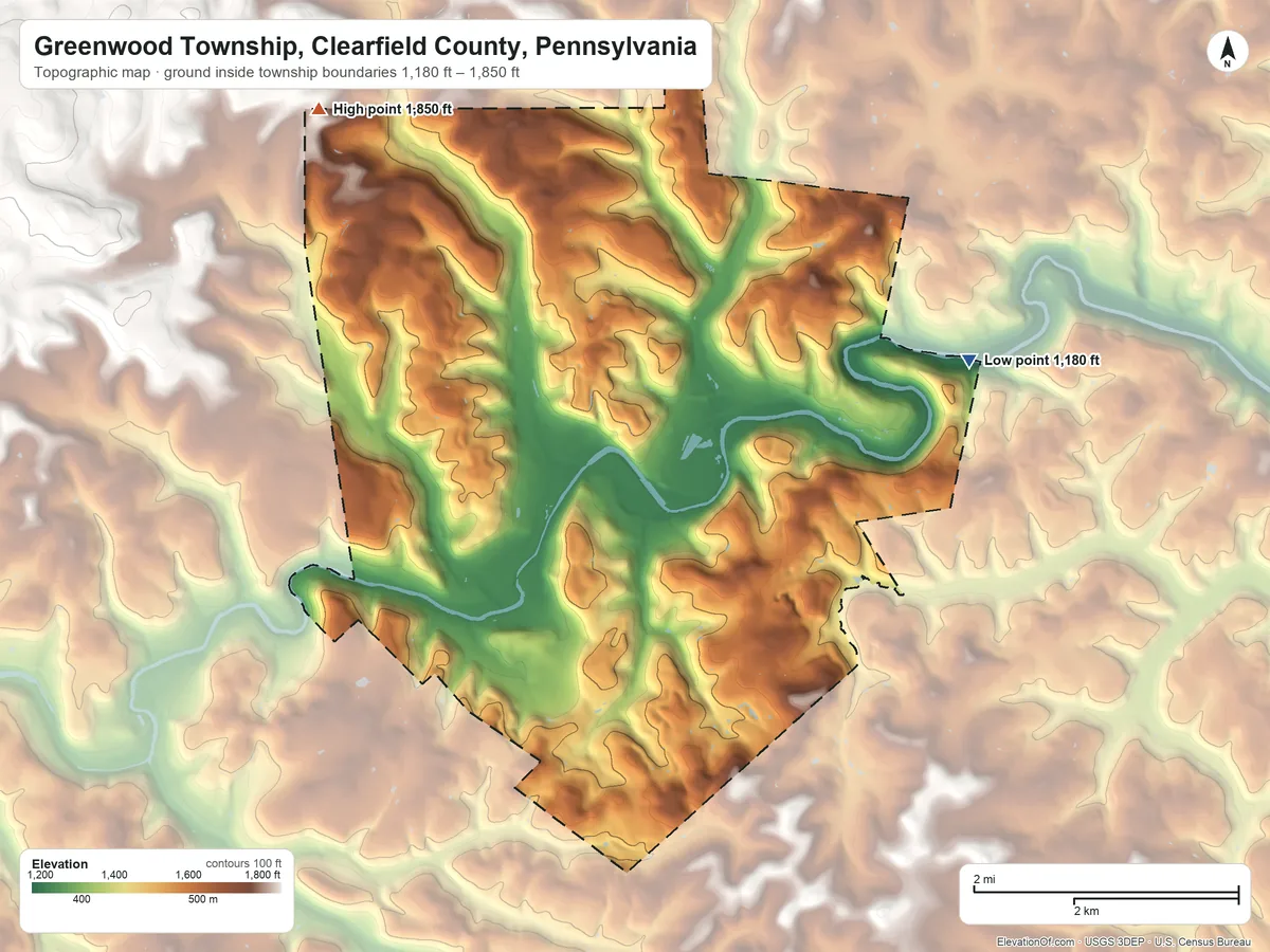 Topographic elevation map of Greenwood Township, Clearfield County, Pennsylvania, shaded from 1,180 ft on the east side to 1,850 ft on the northwest side