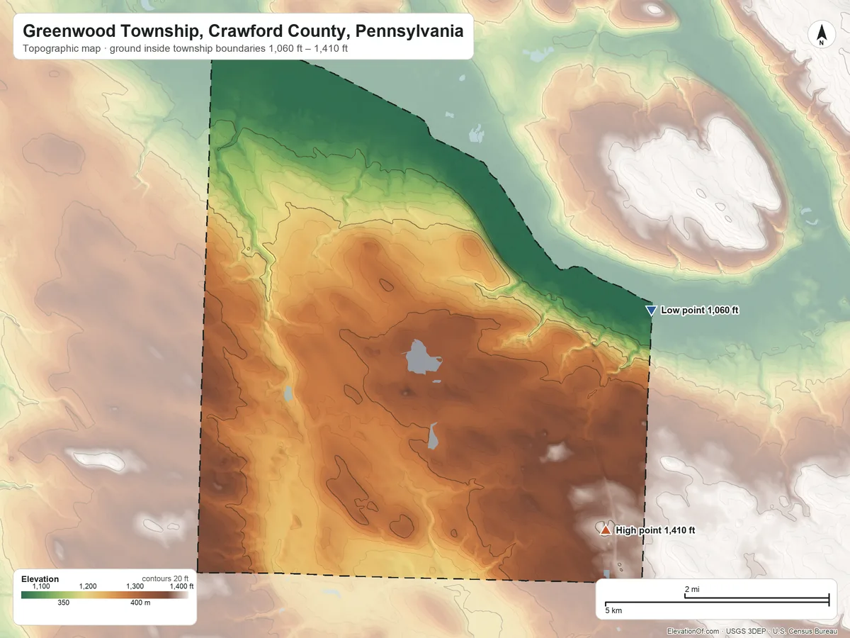 Topographic elevation map of Greenwood Township, Crawford County, Pennsylvania, shaded from 1,060 ft on the east side to 1,410 ft on the southeast side