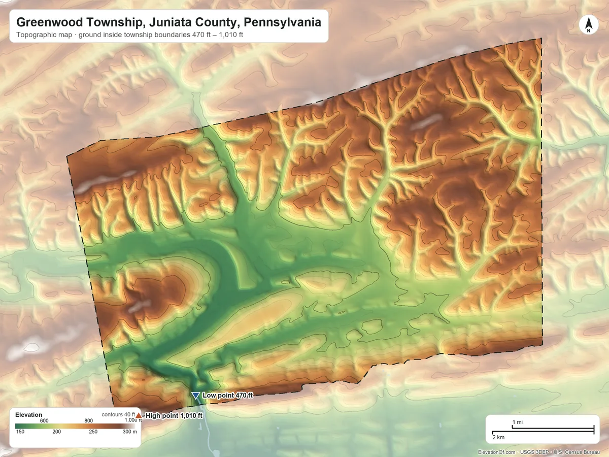 Topographic elevation map of Greenwood Township, Juniata County, Pennsylvania, shaded from 470 ft on the southwest side to 1,010 ft on the southwest side