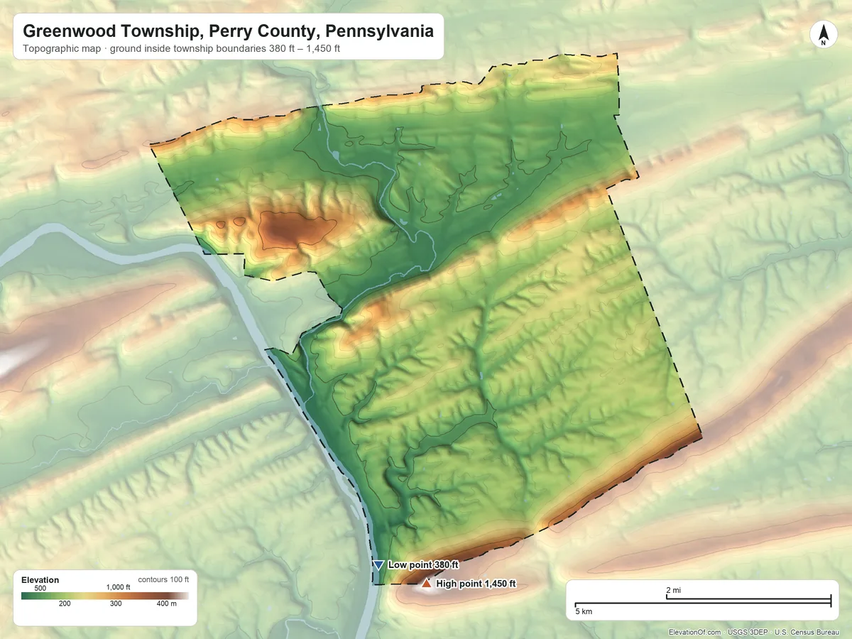 Topographic elevation map of Greenwood Township, Perry County, Pennsylvania, shaded from 380 ft on the south side to 1,450 ft on the south side