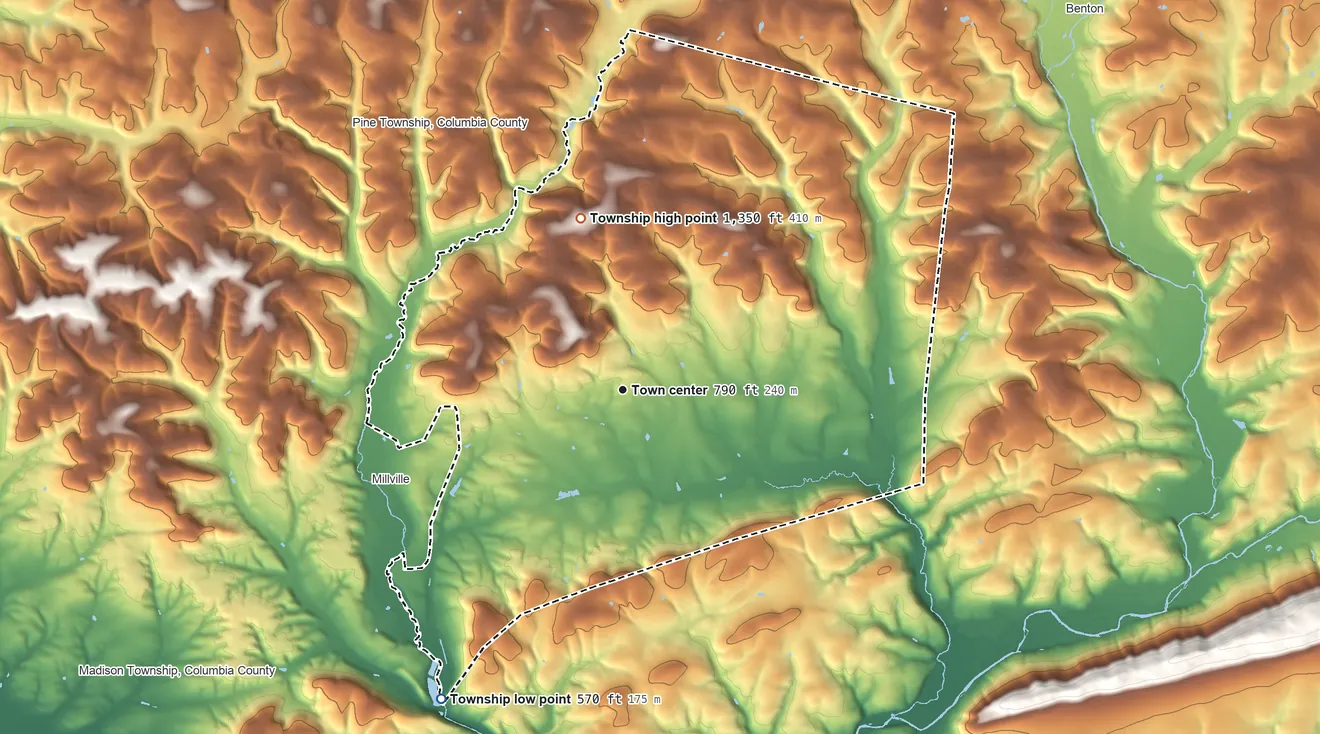 Topographic elevation map of Greenwood Township, Pennsylvania, shaded from 570 ft on the southwest side to 1,350 ft on the north side