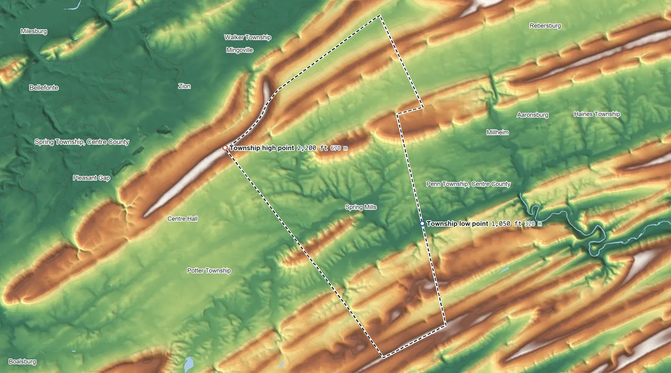 Topographic elevation map of Gregg Township, Centre County, Pennsylvania, shaded from 1,050 ft on the east side to 2,200 ft on the northwest side