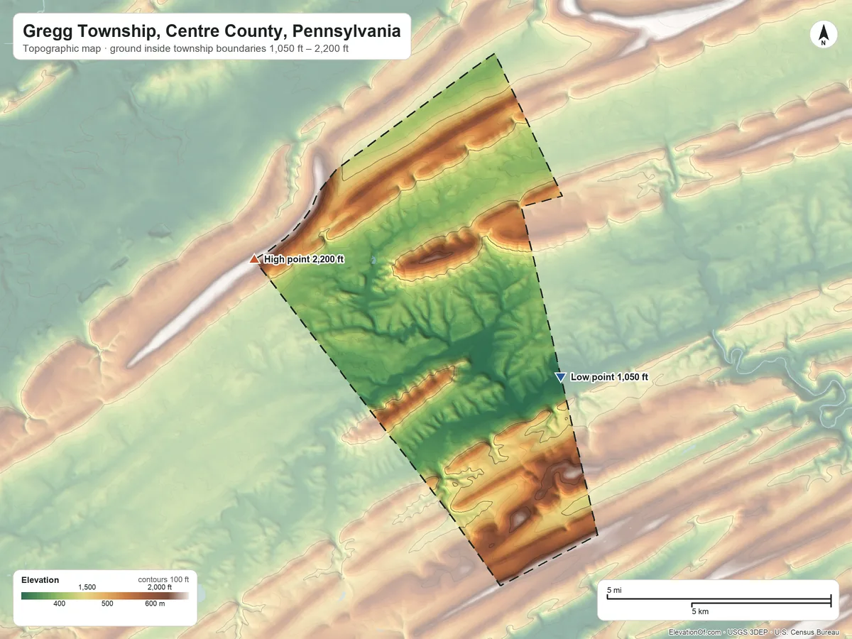 Topographic elevation map of Gregg Township, Centre County, Pennsylvania, shaded from 1,050 ft on the east side to 2,200 ft on the northwest side