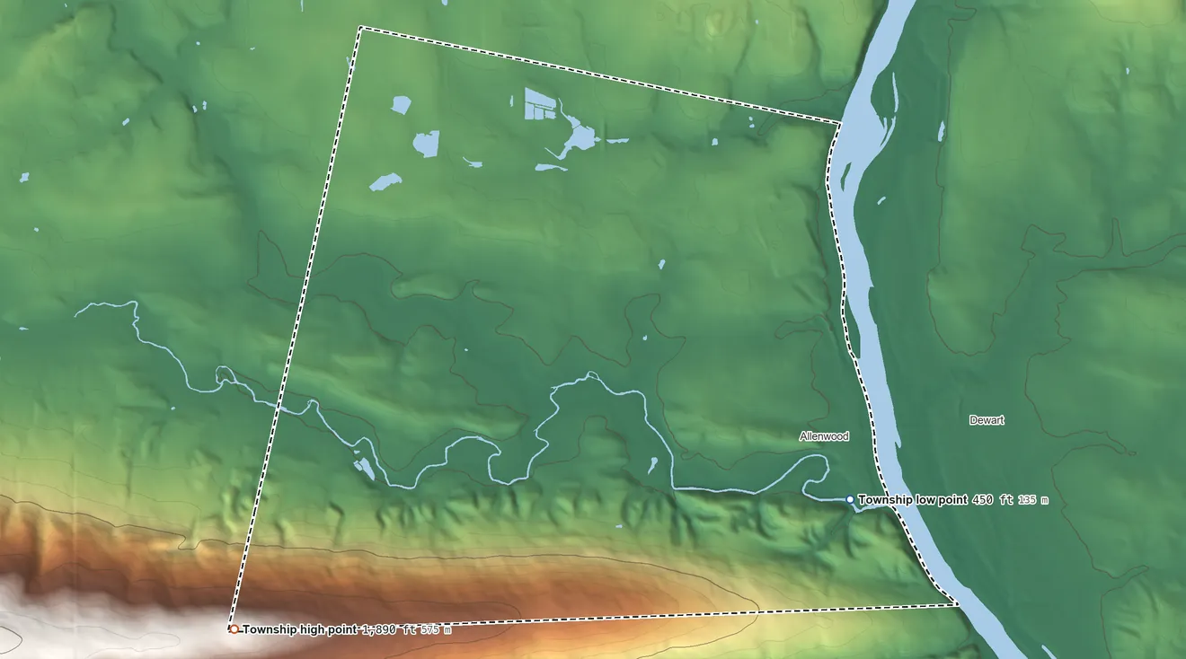 Topographic elevation map of Gregg Township, Pennsylvania, shaded from 450 ft on the southeast side to 1,890 ft on the southwest side