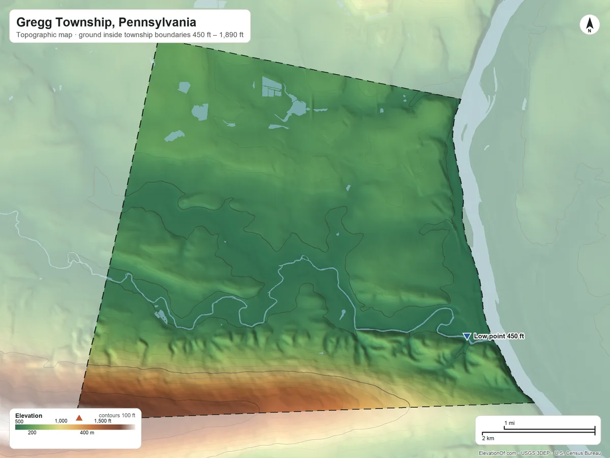 Topographic elevation map of Gregg Township, Pennsylvania, shaded from 450 ft on the southeast side to 1,890 ft on the southwest side